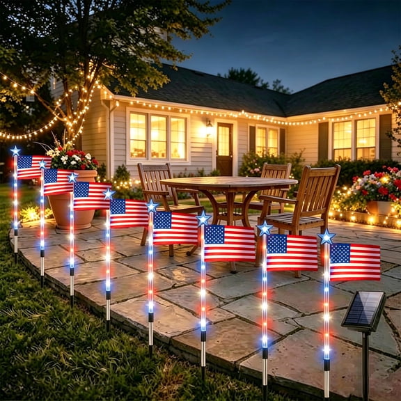 Solar American Flag Pathway Lights – 8-Piece Flag Light Set Outdoor, Waterproof LED Stakes Red White Blue, Landscape Lighting for Patriotic Decor