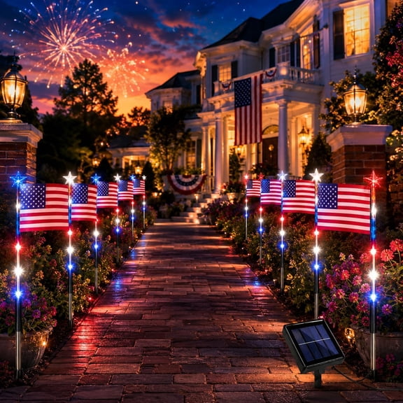 Solar American Flag Pathway Lights, Red White Blue Solar American Flag Lights Outdoor with 8 Modes, 4th of July Outdoor Decorations for America’s  Anniversary, Independence Day