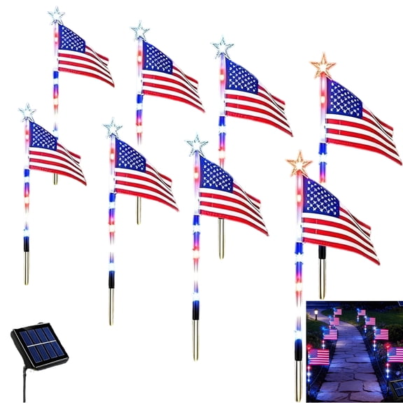 Solar American Flag Pathway Lights, Waterproof LED Outdoor Yard Garden with 8 Lighting Modes for 4th of July Decoration