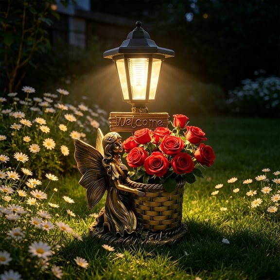 Solar Angel Figurine Light Planter Outdoor Garden Decor Resin Statue with Welcome Sign, Housewarmings Gift for Patio Yard Lawn Ornamen