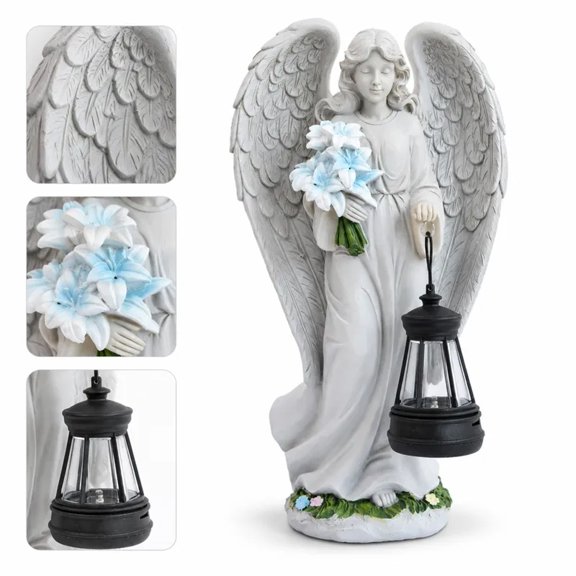Solar Angel Garden Figurine with Lantern, Standing Angel Statue Holding Bouquet, Resin Outdoor Yard Lawn Patio Decor