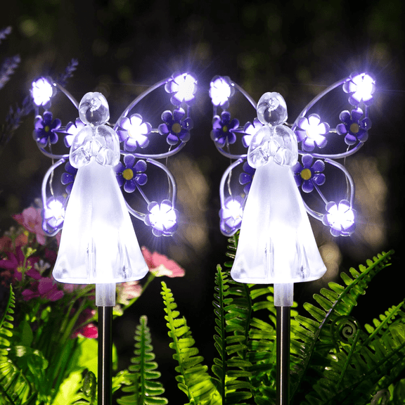 Solar Angel Garden Stake Lights Outdoor Cemetery Grave Decoration 2 Pack-purple-