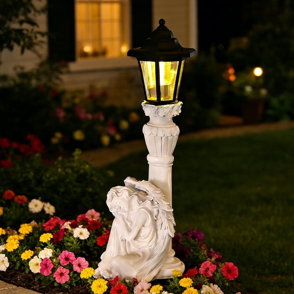 Solar Angel Garden Statue, 18" Roman Columns Angel Statue with Solar Lights Outdoor Waterproof, Resin Deocr Angel Figurine for Yard Patio Lawn Ornaments, Angel Gifts for Women Mom Grandma