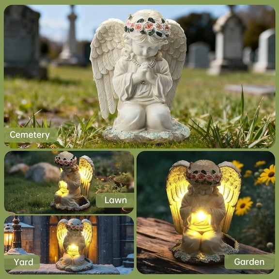 Solar Angel Garden Statue, Outdoor Decor, Cemetery Decorations for Grave Praying Angel Figurines with LED Light for Outdoor Lawn, Yard, Patio Decor, Memorial Gifts for Women, Mom and Grandma