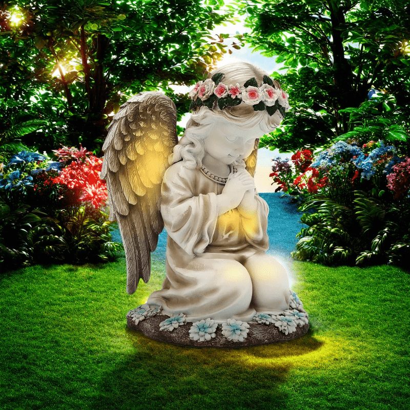 Solar Angel Garden Statue Outdoor Decor Figurine Light, Resin Flower Sculptures With LED Lights, Art Housewarming Ornament Gift