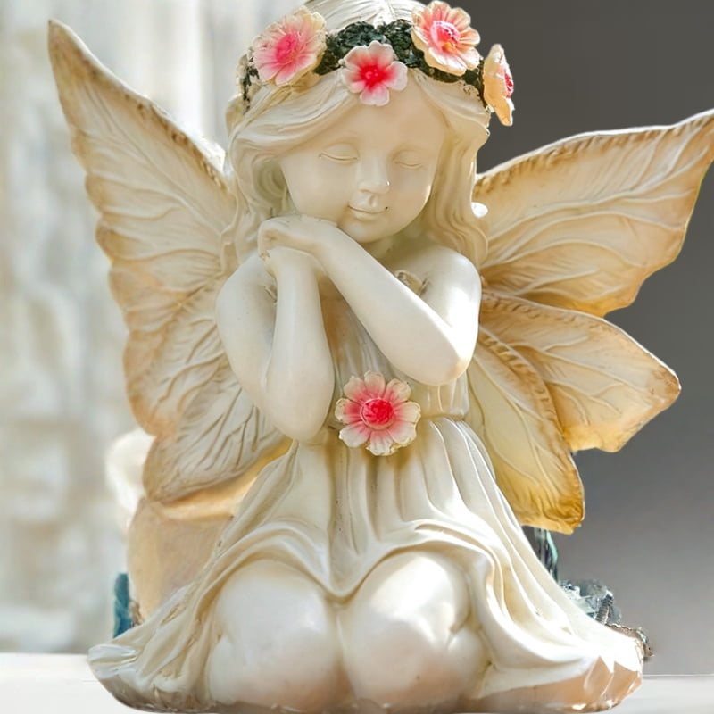 Solar Angel Garden Statue Outdoor Decor Figurine Light, Resin Flower Sculptures With LED Lights, Art Housewarming Ornament Gift