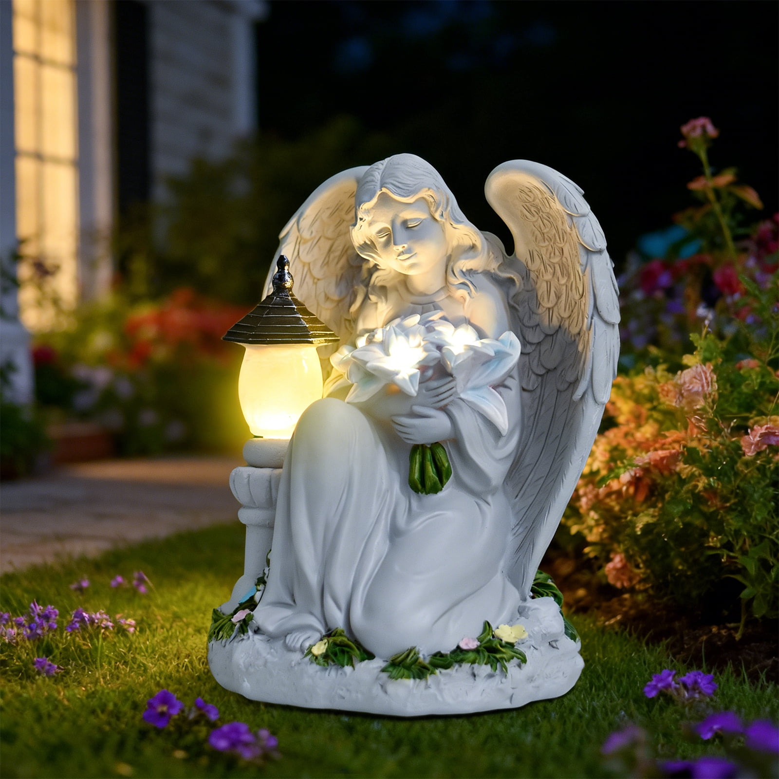 Solar Angel Garden Statue Outdoor, Praying Angel Statues Solar Figurine Lights Outdoor Waterproof, Resin Angel Sculpture for Garden Yard Lawn Grave Cemetery Decor, Angel Gift for Mom Grandma Women
