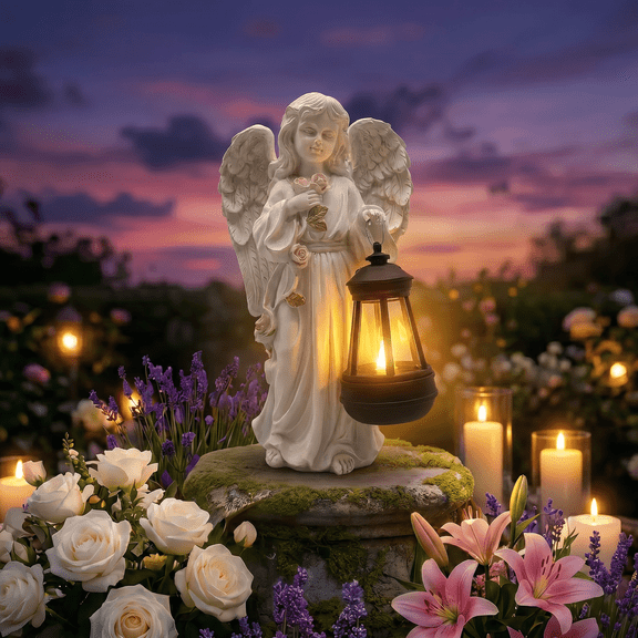 Solar Angel Garden Statue with LED Light, White Resin, 9.84 Inch