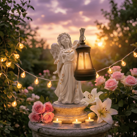 Lumiartisan Solar Angel Garden Statue, White Resin Lantern Decor, 9.05 in