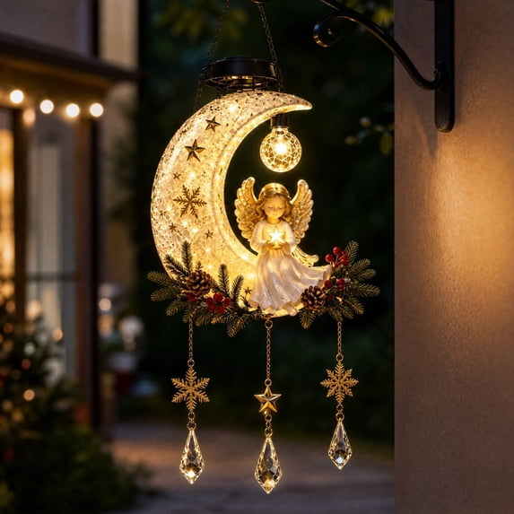Solar Angel Moon Garden Light, 11.81 in LED Hanging Decor for Christmas Yard, Porch, Patio, Tree and Holiday Display