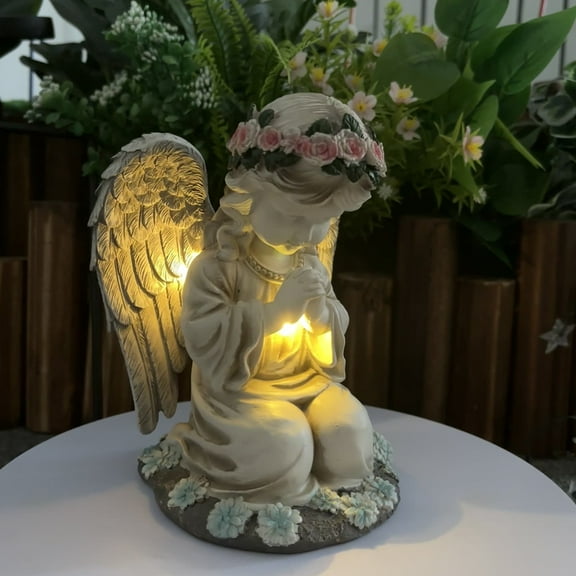 Solar Angel Statue Light Resin Flower Fairy Figurine Auto On For Patio Yard Lawn Praying Angel Statue