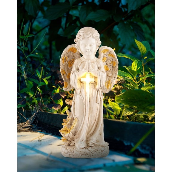 Solar Angel Statues for Outside, 12" Garden Solar Angel Figurines w/Lighted Cross, Guardian Angel for Cemetery, Yard, Pathway, Lawn Decor, Memorial Gardens Gifts for Mom Grandma Women