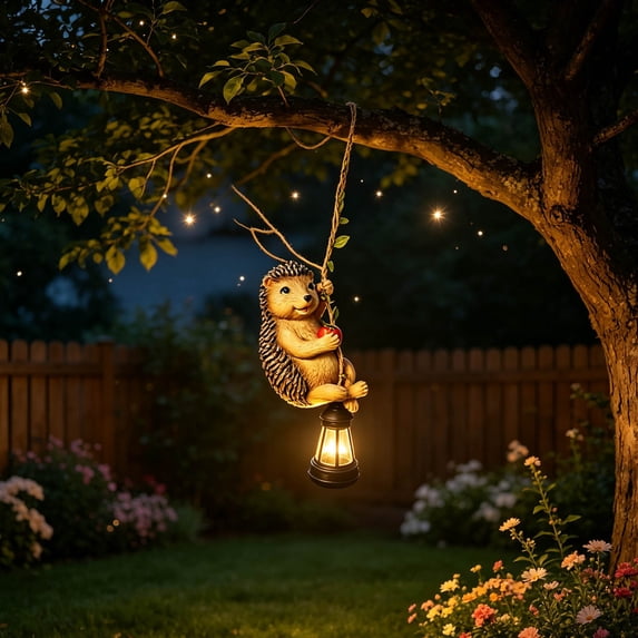 Solar Animal Garden Hanging Light Forest Animal Swing Lamp Ornament Outdoor with Hedgehog Design Warm Glow Hanging Lantern Decor for Tree Branch Patio Yard Balcony Decoration