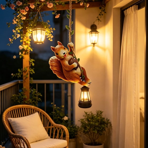 Solar Animal Garden Hanging Light Forest Animal Swing Lamp Ornament Outdoor with Squirrel Design Warm Glow Hanging Lantern Decor for Tree Branch Patio Yard Balcony Decoration