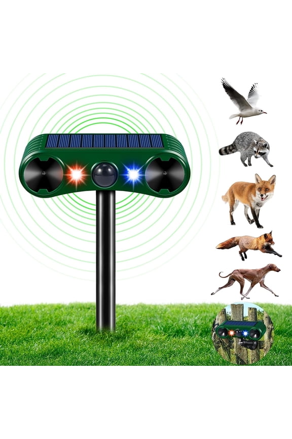 Solar Animal Repeller,Ultrasonic Animal Repellent Deer Repellent Devices with LED Flashing Light to Squirrel Rabbit Raccoon for Garden