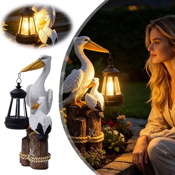 Solar Animal Statues with Lantern Resin Seabird Pelican Figurine Standing on a Tree Stump with Solar LED Light, Mediterranean Style Sculptures for Porch Patio Balcony Yard Decor