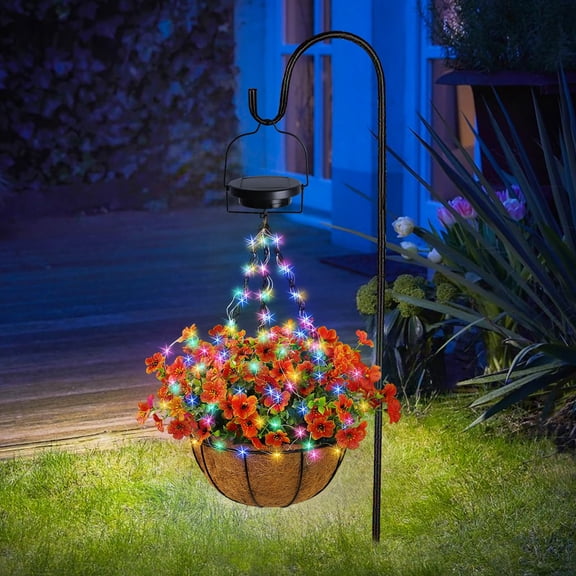 Solar Artificial Hanging Basket with String Lights 2 Lighting Modes 10 Inch Light Up Fall Hanging Baskets with Orange Faux Flowers for Porch Garden Patio House
