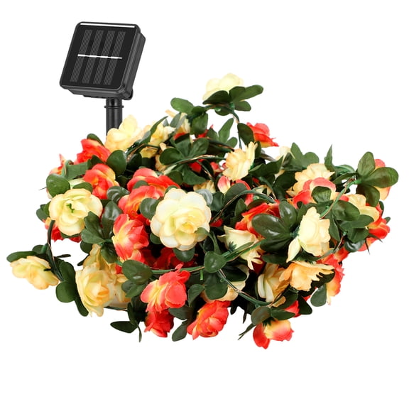 Solar Artificial Rose Flower Garland Lights, 32.8Ft 100 LED Warm White 8 Lighting Modes Solar Vine String Lights, Waterproof Floral Fairy Lights for Outdoor Garden Wall Wedding Patio Home Decor