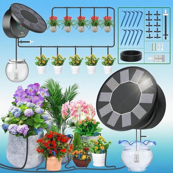 Solar Automatic Drip Irrigation Kit for Potted Plants, Garden Auto Watering System with 9 Irrigation Programs & 10m Irrigation Tube, Solar-Powered Plant Waterer for Indoor/Outdoor Gardens