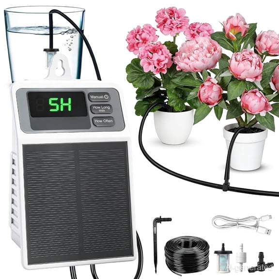 Solar Automatic Drip Irrigation System, Auto Self Watering Kit, Powered Device with Timer for Pots Plants, Indoor/Outdoor System Garden, Balcony & Patio