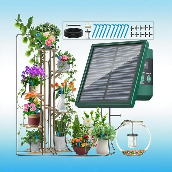 TRJZWA Solar Automatic Drip Irrigation System for Garden & Balcony - Indoor/Outdoor DIY Watering Kit with Anti-Siphon & 10m Drip Hose, Ideal for Potted Plants & Flowers