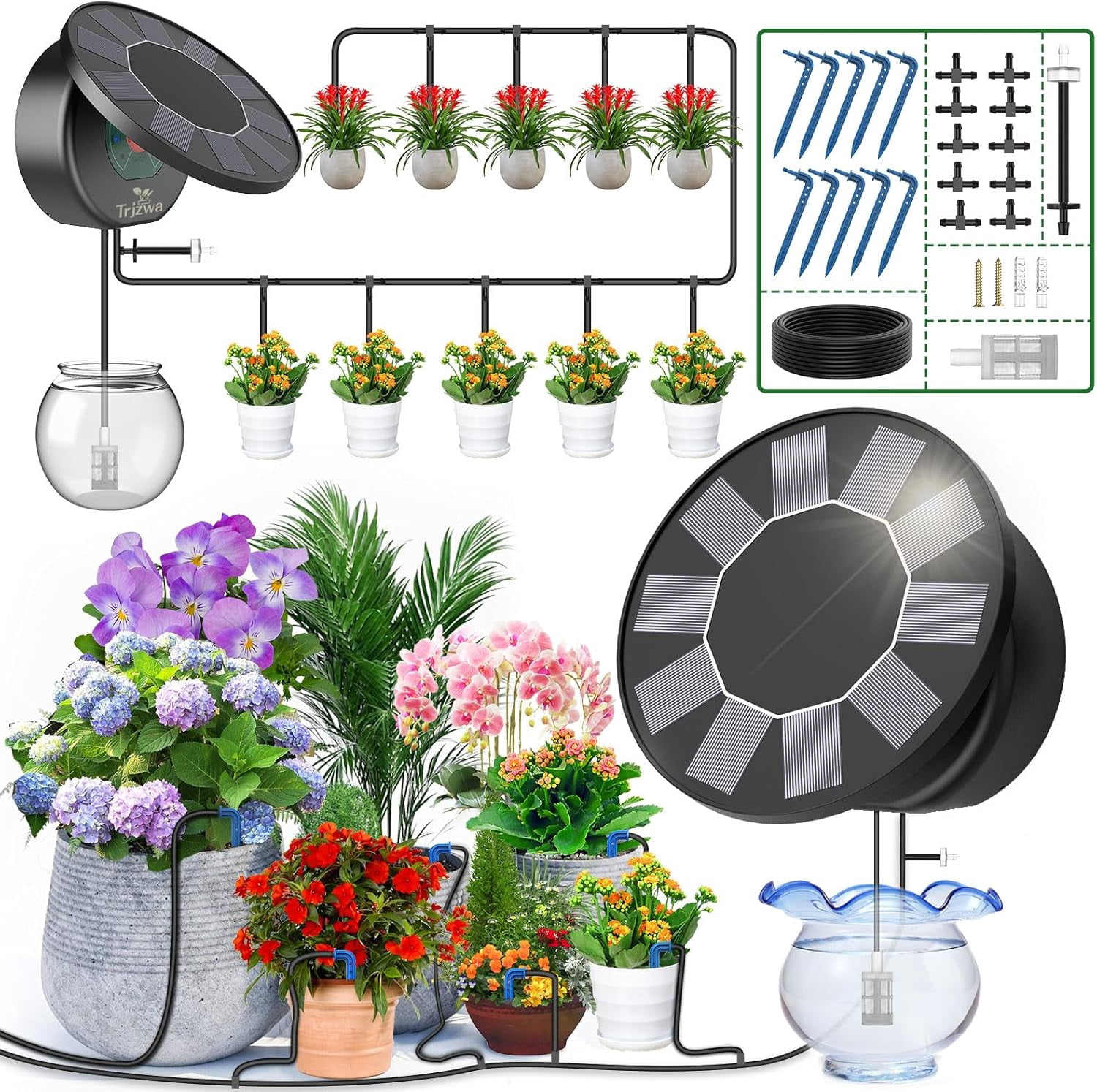 Solar Automatic Drip Irrigation System Kit, Auto Watering Kit for DIY Garden Watering System with 9 Timing Modes and Anti-Siphon Set，Indoor/Outdoor Garden, Balcony & Patio Irrigation System