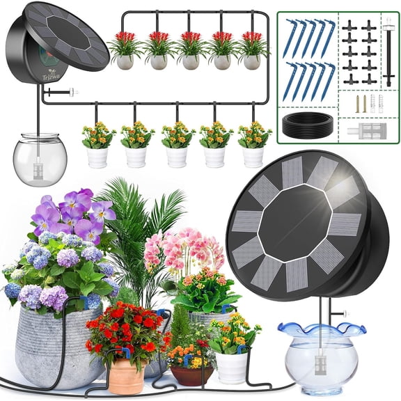 Solar Automatic Drip Irrigation System Kit, DIY Plant Watering System for Indoor And Outdoor Gardens, 9 Timing Modes, Anti-Siphon Set