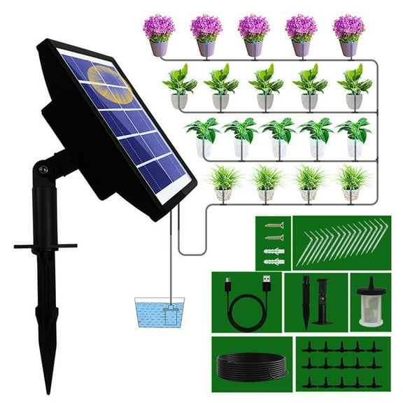 Solar Automatic Watering Device with Drip Irrigation Kit, Waterproof Intelligent Timed Plant Waterer, USB Rechargeable Garden Irrigation System, 15 Drippers Plastic Watering Equipment