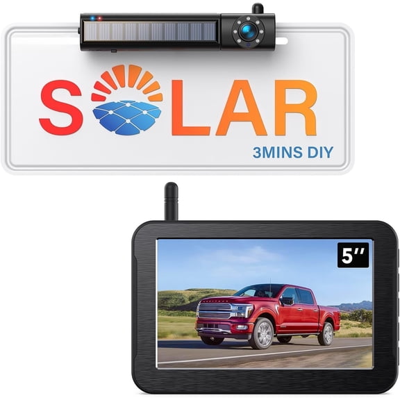 Solar  Backup Camera, 1080P 5" IPS  & Auto  Off  Up Camera, 2 Mins Easy Setup   Night Vision , Reverse Camera for  SUV  Van