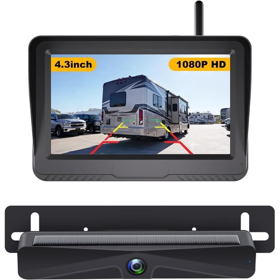 Solar Backup Camera, 1080P License Plate Camera with 4.3in IPS , Easy Installation, Rechargeable Reversing Camera System for , Van, , Trailer (0091)