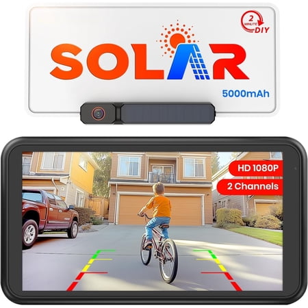 Solar Backup Camera with 5" 1080P : 5000mAh 2 Mins DIY Installation & 2 Split Screen Up Camera, IP69K Reverse Camera for , Van, SUV, , Trailer