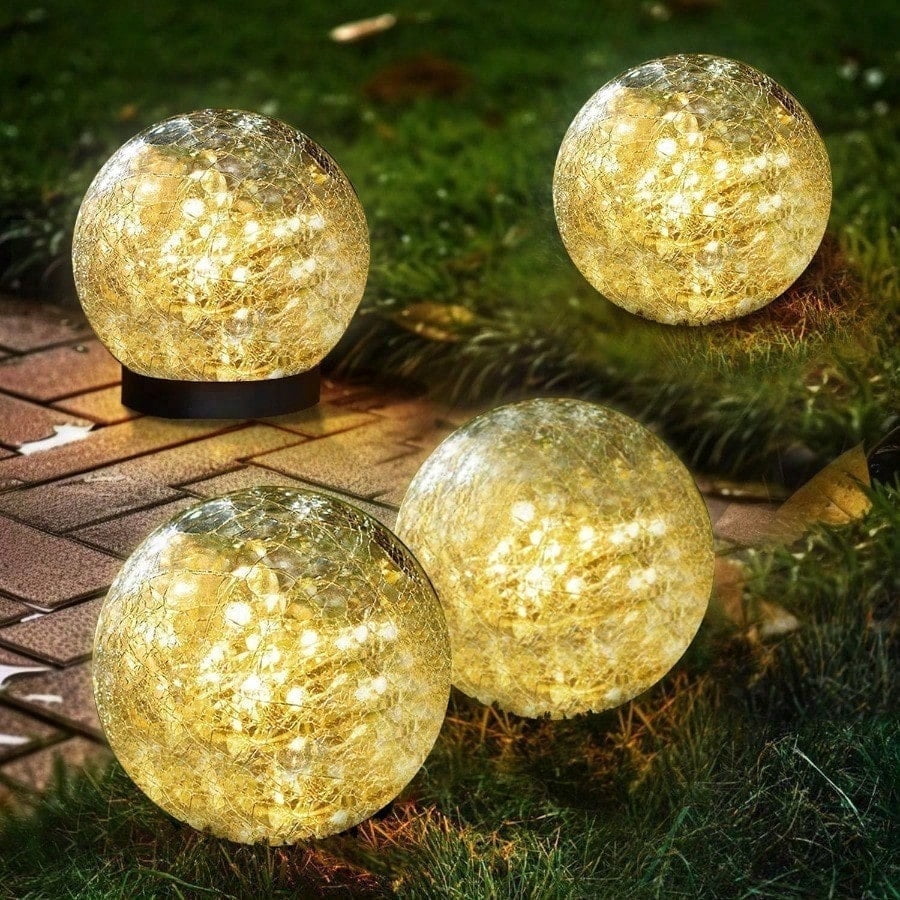 Solar Ball Lights Outdoor Waterproof, 30 LED Cracked Glass Globe Solar Power Ground Lights for Path Yard Patio Lawn, Christmas,New Year Decoration Landscape Warm White(4 Pack 4.7'')