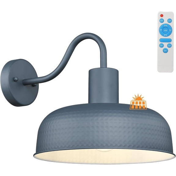 Solar Barn Light, Industrial Outdoor Wall Light Dusk to Dawn Wall Sconce Gooseneck Exterior Wall Mount Lighting Fixture with Hammered Dome Metal Shade for House Garage Porch Entry Shed