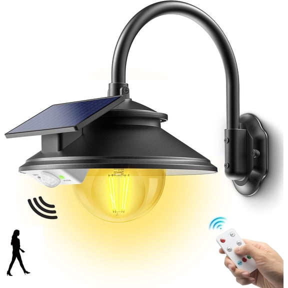 Solar Barn Light Outdoor 3 Modes 2 Lighting, Garage Shed Light Farmhouse Gooseneck Wall Light Waterproof with Remote/Motion Sensor for Barn Garage Shed Chicken Coop Porch Black (1 Pack)