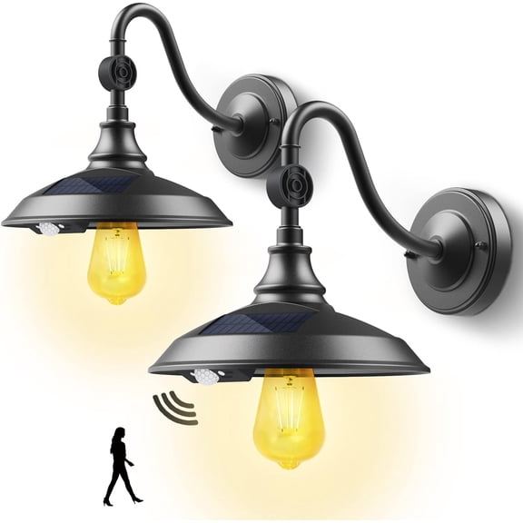 Solar Barn Light Outdoor with 3 Modes, Farmhouse Gooseneck Wall Light Motion Sensor for Barn Shed Garage Porch Chicken Coop Black (2 )