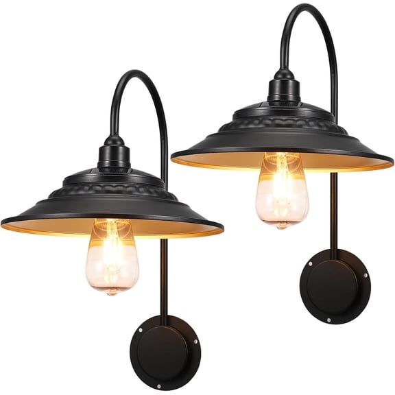 Solar Barn Lights , 2 count Wall Light Fixture, Rustic Gooseneck Solar Wall Mount Lights with Interior, for Outdoor Barn Shed Garage Porch (Black)