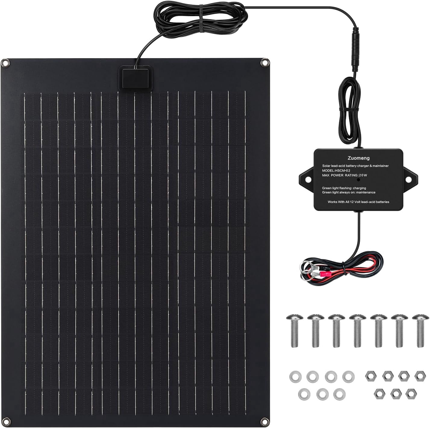 Solar Battery Charger Maintainer, Zuomeng 20W Solar Panel Kit for Dump Trailer Built-in Maintenance Pulse & Intelligent MPPT Charge Controller, Waterproof, Suitable for 12V Lead-Acid Battery