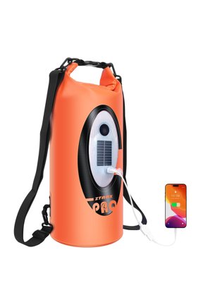 Solar/Battery Powered Multi-Functional Waterproof Backpack, Bluetooth Speaker, IP66 Waterproof Dry Bag, Heavy Duty Roll Top Closure, Large Capacity Bag for Camping, Hiking, Traveling (Orange 10L)