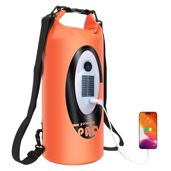 Solar/Battery Powered Multi-Functional Waterproof Backpack, Bluetooth Speaker, IP66 Waterproof Dry Bag, Heavy Duty Roll Top Closure, Large Capacity Bag for Camping, Hiking, Traveling (Orange 10L)