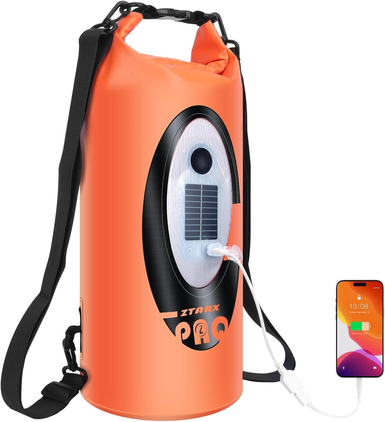 Solar/Battery Powered Multi-Functional Waterproof Backpack, Bluetooth Speaker, IP66 Waterproof Dry Bag, Heavy Duty Roll Top Closure, Large Capacity Bag for Camping, Hiking, Traveling (Orange 10L)