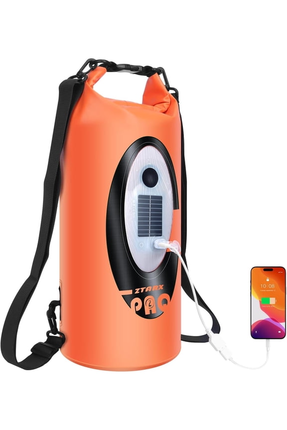 Solar/Battery Powered Multi-Functional Waterproof Backpack, Bluetooth Speaker, IP66 Waterproof Dry Bag, Heavy Duty Roll Top Closure, Large Capacity Bag for Camping, Hiking, Traveling (Orange 10L)