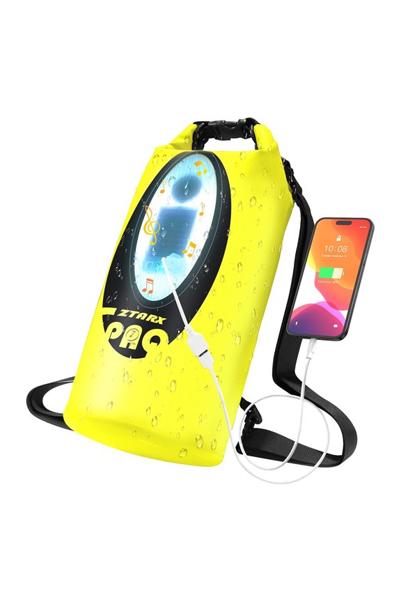 Solar/Battery Powered Multi-Functional Waterproof Backpack, Bluetooth Speaker, IP66 Waterproof Dry Bag, Heavy Duty Roll Top Closure, Large Capacity Bag for Camping, Hiking, Traveling (Orange 10L)