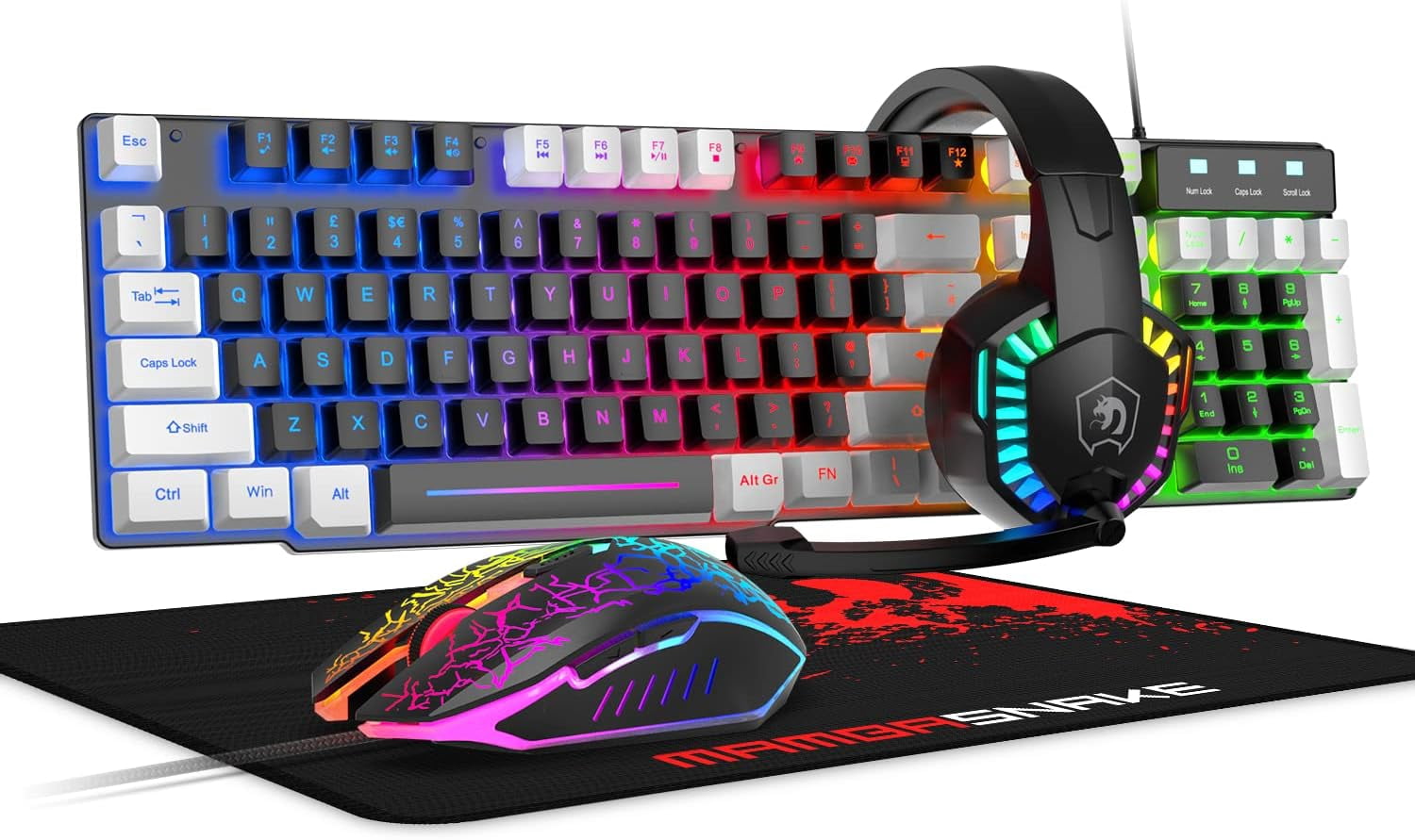 Wired Gaming Keyboard and Mouse and Mouse pad and Gaming Headset,Rainbow LED Backlit Keyboard,Over Ear Headphone with Mic,Gaming Mice,Mouse Pad,for PC Gamers and Xbox and PS4(Black/White)