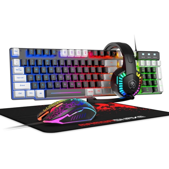 Wired Gaming Keyboard and Mouse and Mouse pad and Gaming Headset,Rainbow LED Backlit Keyboard,Over Ear Headphone with Mic,Gaming Mice,Mouse Pad,for PC Gamers and Xbox and PS4(Black/White)