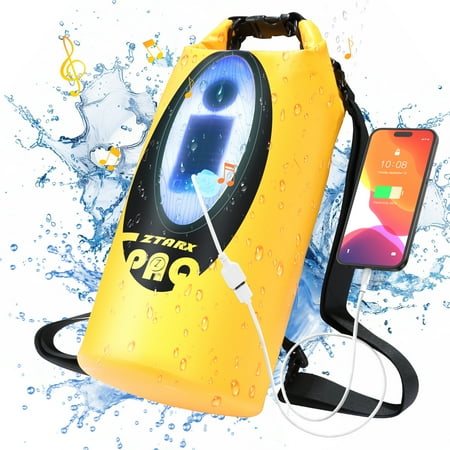 Solar/Battery Powered Multi-Functional Waterproof Backpack, Bluetooth Speaker, IP66 Waterproof Dry Bag, Heavy Duty Roll Top Closure, Large Capacity Bag for Camping, Hiking, Traveling (Yellow 10L)