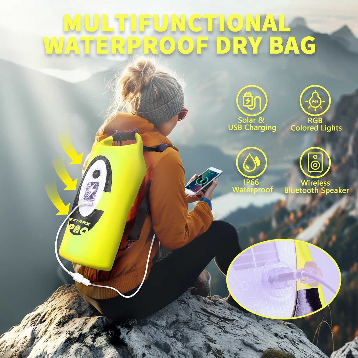 Solar/Battery Powered Multi-Functional Waterproof Backpack, Bluetooth Speaker, IP66 Waterproof Dry Bag, Heavy Duty Roll Top Closure, Large Capacity Bag for Camping, Hiking, Traveling (Orange 10L)