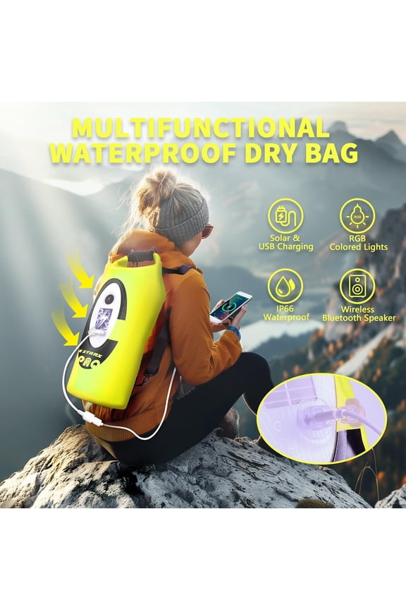 Solar/Battery Powered Multi-Functional Waterproof Backpack, Bluetooth Speaker, IP66 Waterproof Dry Bag, Heavy Duty Roll Top Closure, Large Capacity Bag for Camping, Hiking, Traveling (Orange 10L)