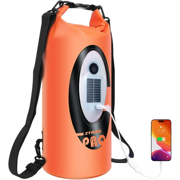 Solar/Battery Powered Multi-Functional Waterproof Backpack, Bluetooth Speaker, IP66 Waterproof Dry Bag, Heavy Duty Roll Top Closure, Large Capacity Bag for Camping, Hiking, Traveling (Orange 10L)