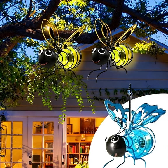Solar Bee Lights Outdoor, Outdoor Hanging Solar Bee Light with Elastic Spring, Waterproof Metal Insect Simulation LED Light, for Patio Fence Garden Decor, Enchanting Spring Summer Ornament