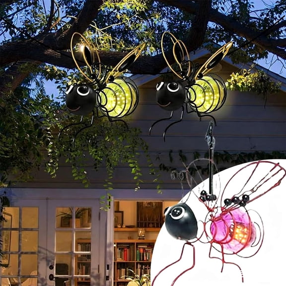 Solar Bee Lights Outdoor, Outdoor Hanging Solar Bee Light with Elastic Spring, Waterproof Metal Insect Simulation LED Light, for Patio Fence Garden Decor, Enchanting Spring Summer Ornament